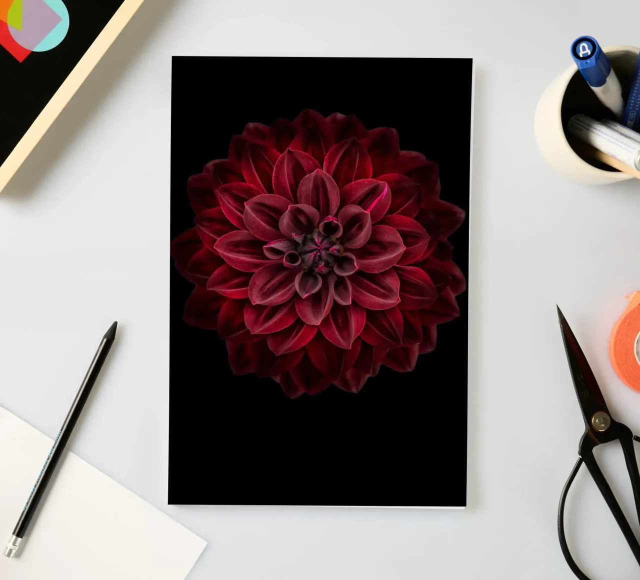 Elegance Redefined: Striking Deep Red Dahlia notebook by Curious Collections by Marielle Leenders