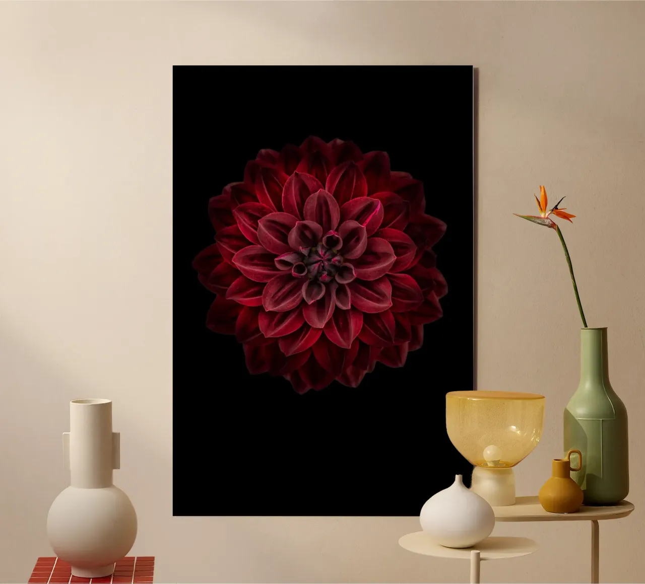 Elegance Redefined: Striking Deep Red Dahlia alu-dibond by Curious Collections by Marielle Leenders