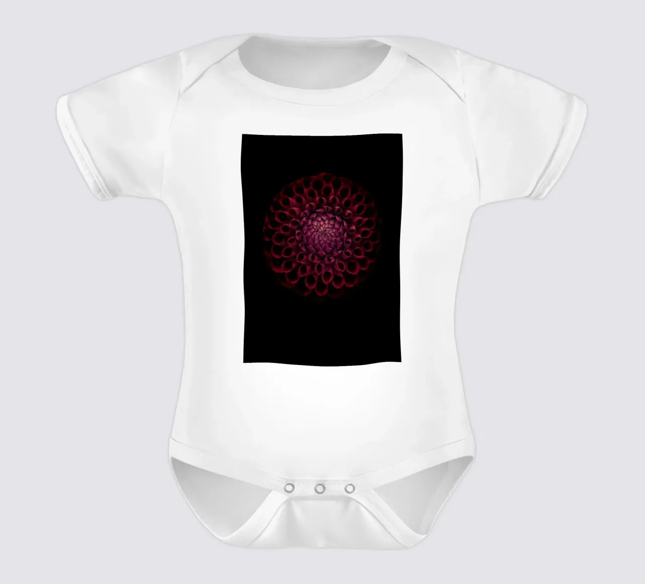 Velvety Deep Red Dahlia – A Bold Statement of Elegance short-sleeve baby romper by Curious Collections by Marielle Leenders