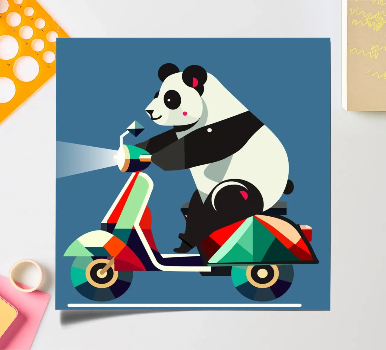 Un panda più simpatico su uno scooter colorato foglio adesivo da namosh