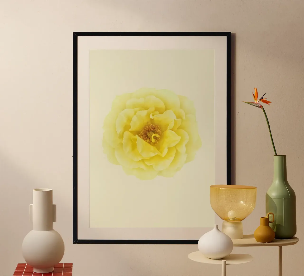 Une floraison d'une douce élégance : La rose jaune poster avec cadre en plastique de Curious Collections by Marielle Leenders