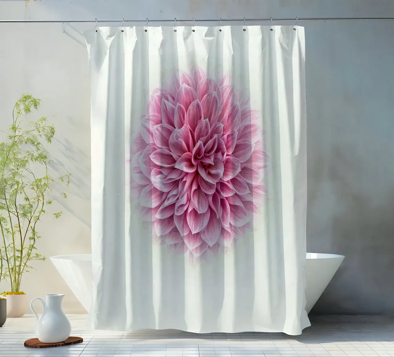Grace and Tranquility in Bloom - Serene Pink Dahlia Duschvorhang von Curious Collections by Marielle Leenders