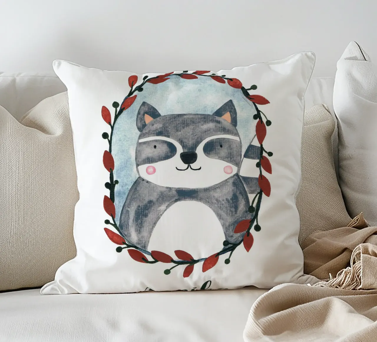 Kleiner Waschbär Portrait mit Name cuscino da BAINAI KIDS