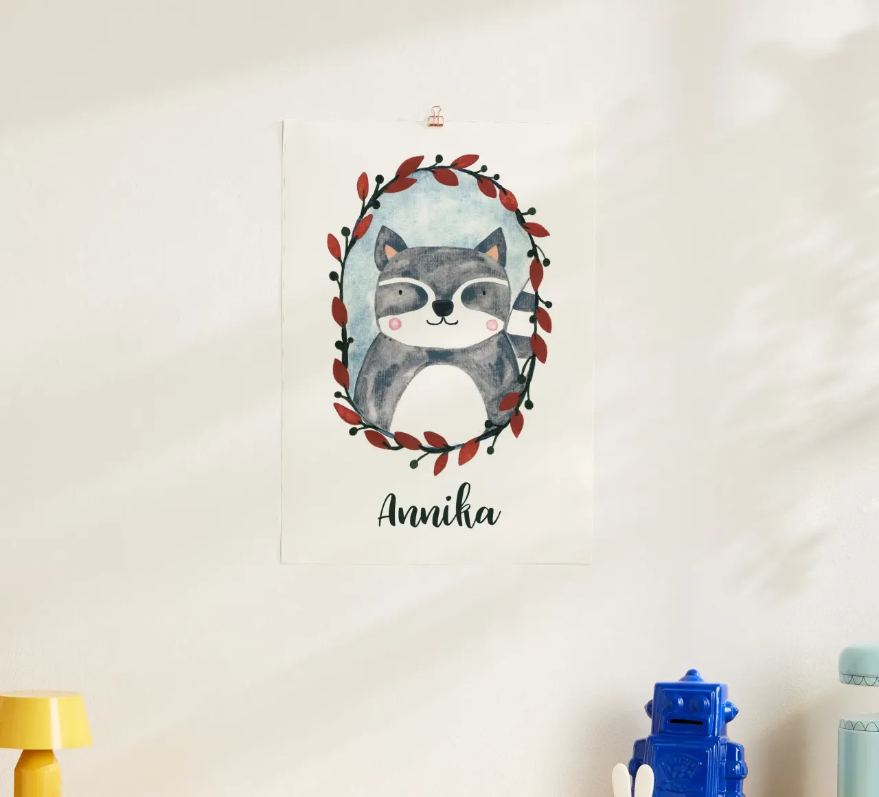 Kleiner Waschbär Portrait mit Name carta hahnemühle da BAINAI KIDS