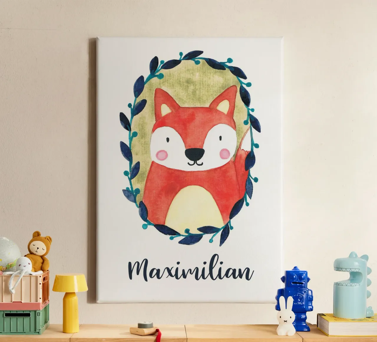Kleiner Fuchs Portrait mit Name canvas van BAINAI KIDS
