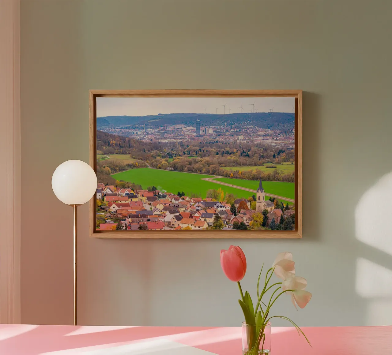 Blick über das Dorf Kunitz bis nach Jena canvas met Baklijst van Marcus Beckert | Fotografie