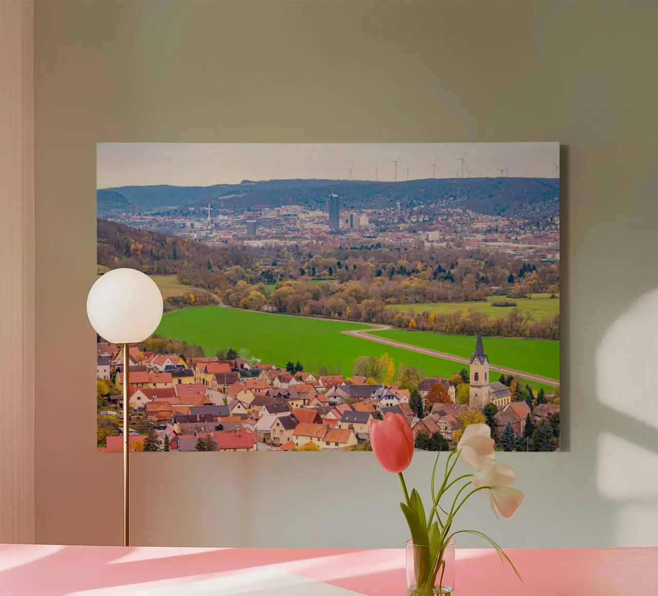 Blick über das Dorf Kunitz bis nach Jena canvas met Baklijst van Marcus Beckert | Fotografie
