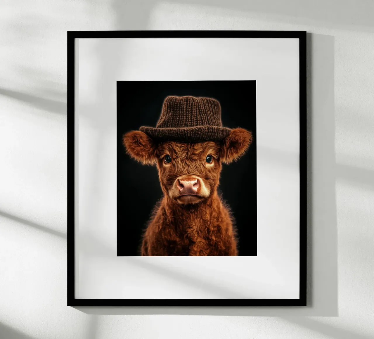 Piccola mucca delle Highlands con cappello lavorato a maglia poster con telaio in legno da Autofocus
