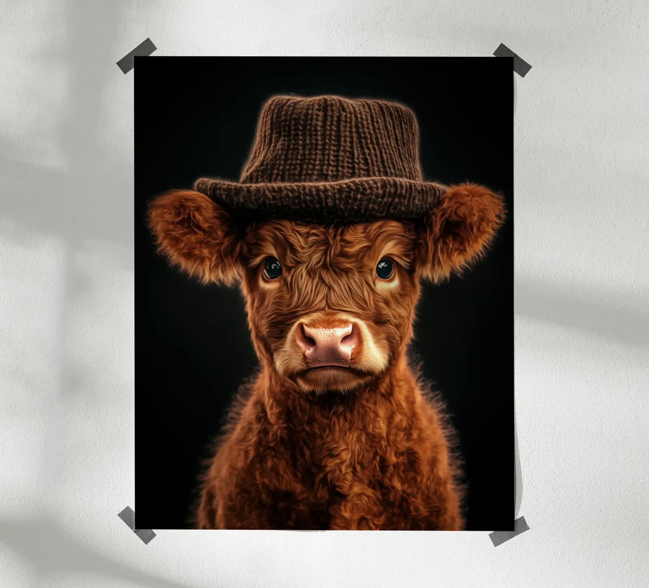 Piccola mucca delle Highlands con cappello lavorato a maglia poster con telaio in legno da Autofocus