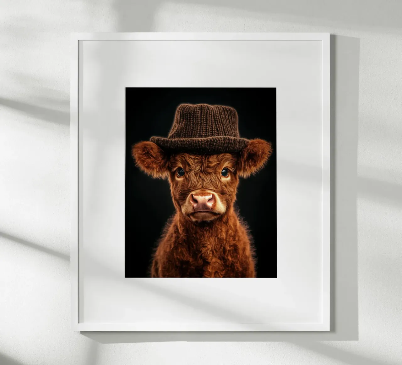 Piccola mucca delle Highlands con cappello lavorato a maglia poster con telaio in legno da Autofocus