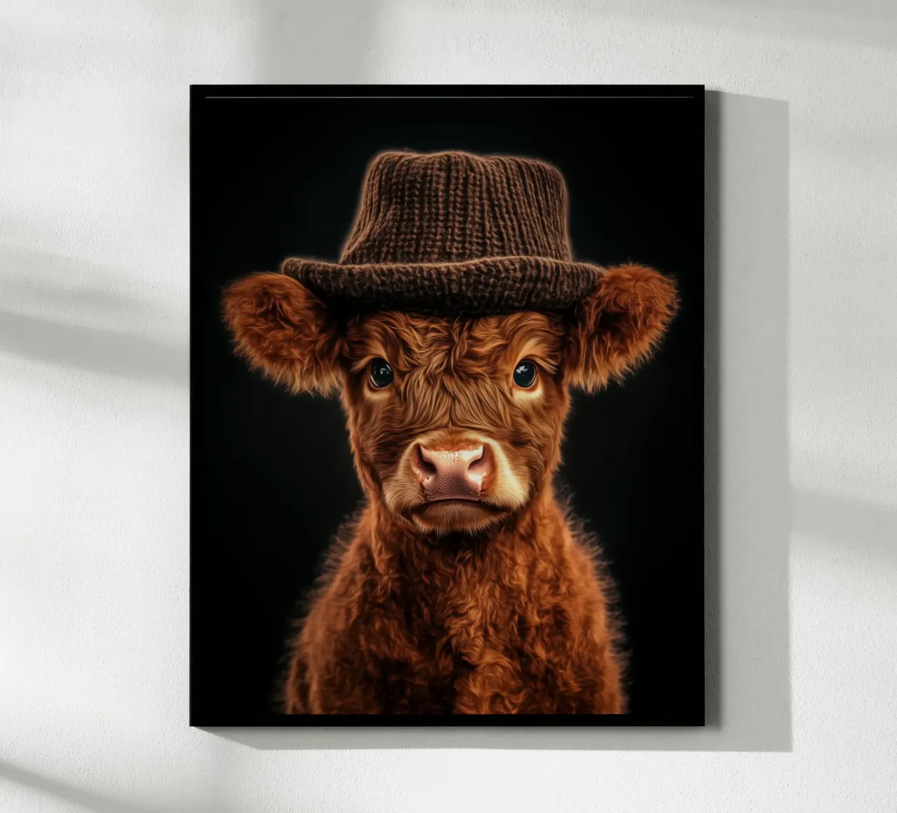Piccola mucca delle Highlands con cappello lavorato a maglia poster con telaio in legno da Autofocus