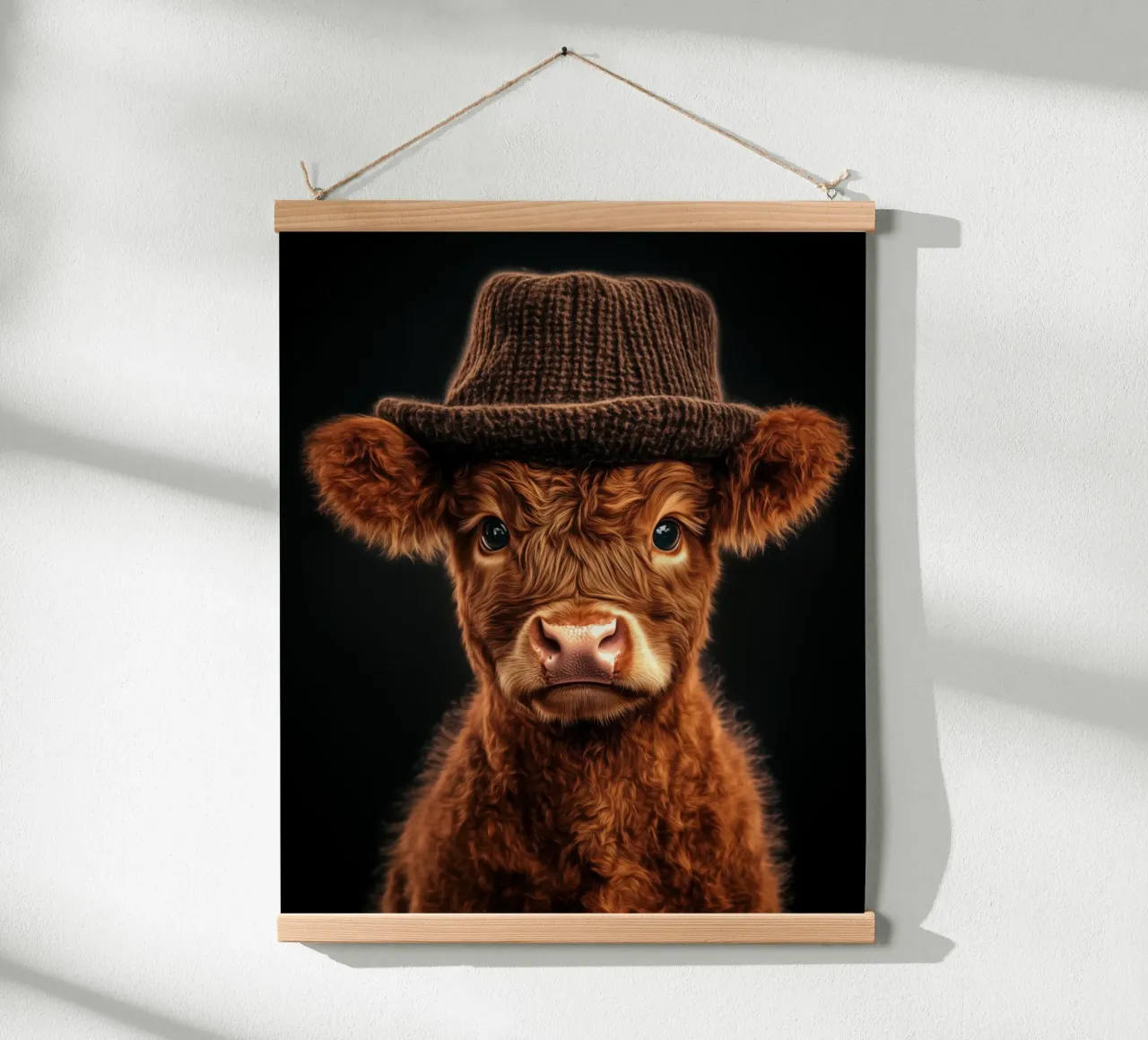 Piccola mucca delle Highlands con cappello lavorato a maglia poster con telaio in legno da Autofocus