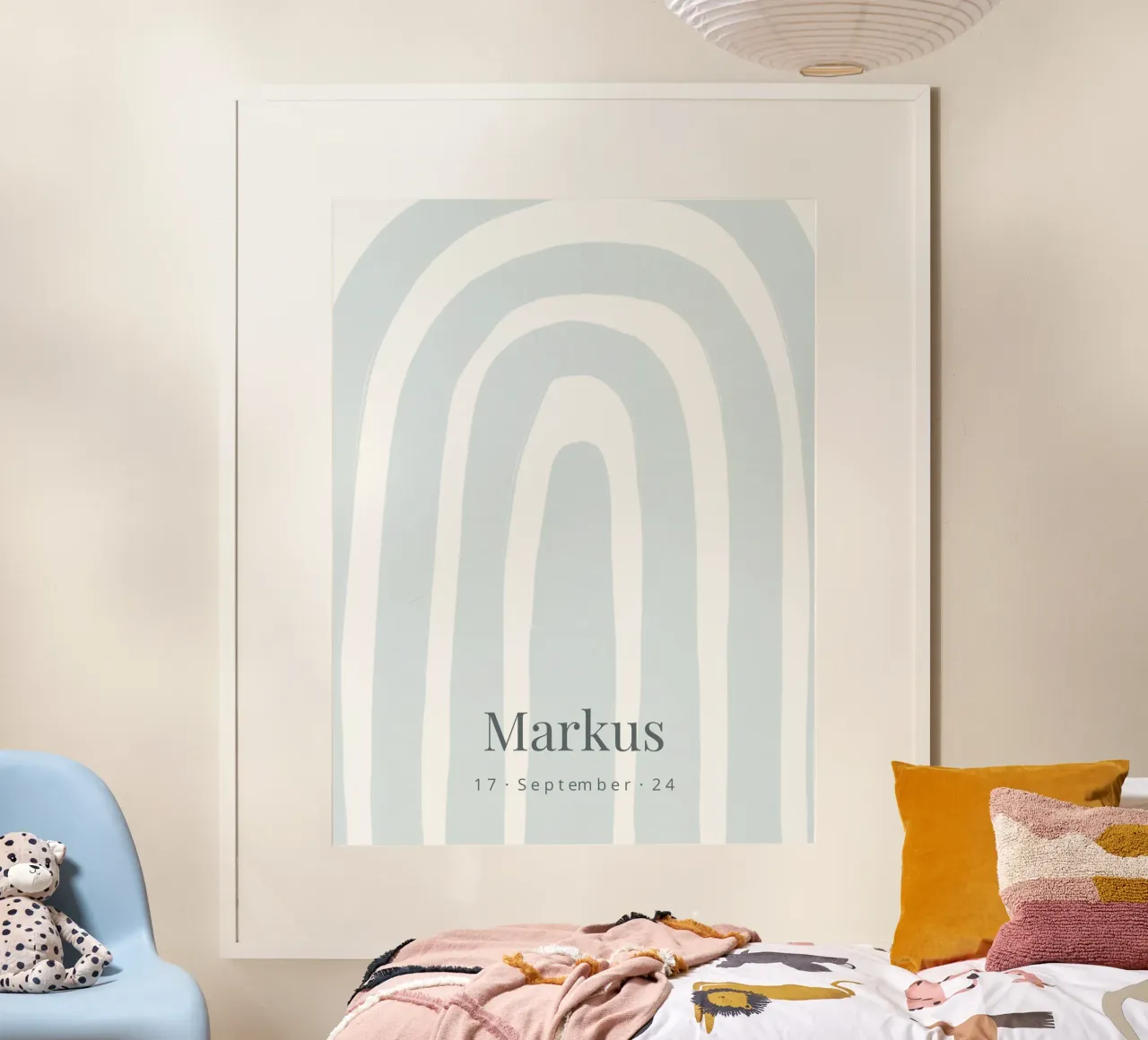 Blue Rainbow Poster mit Holzrahmen von we line studio - design