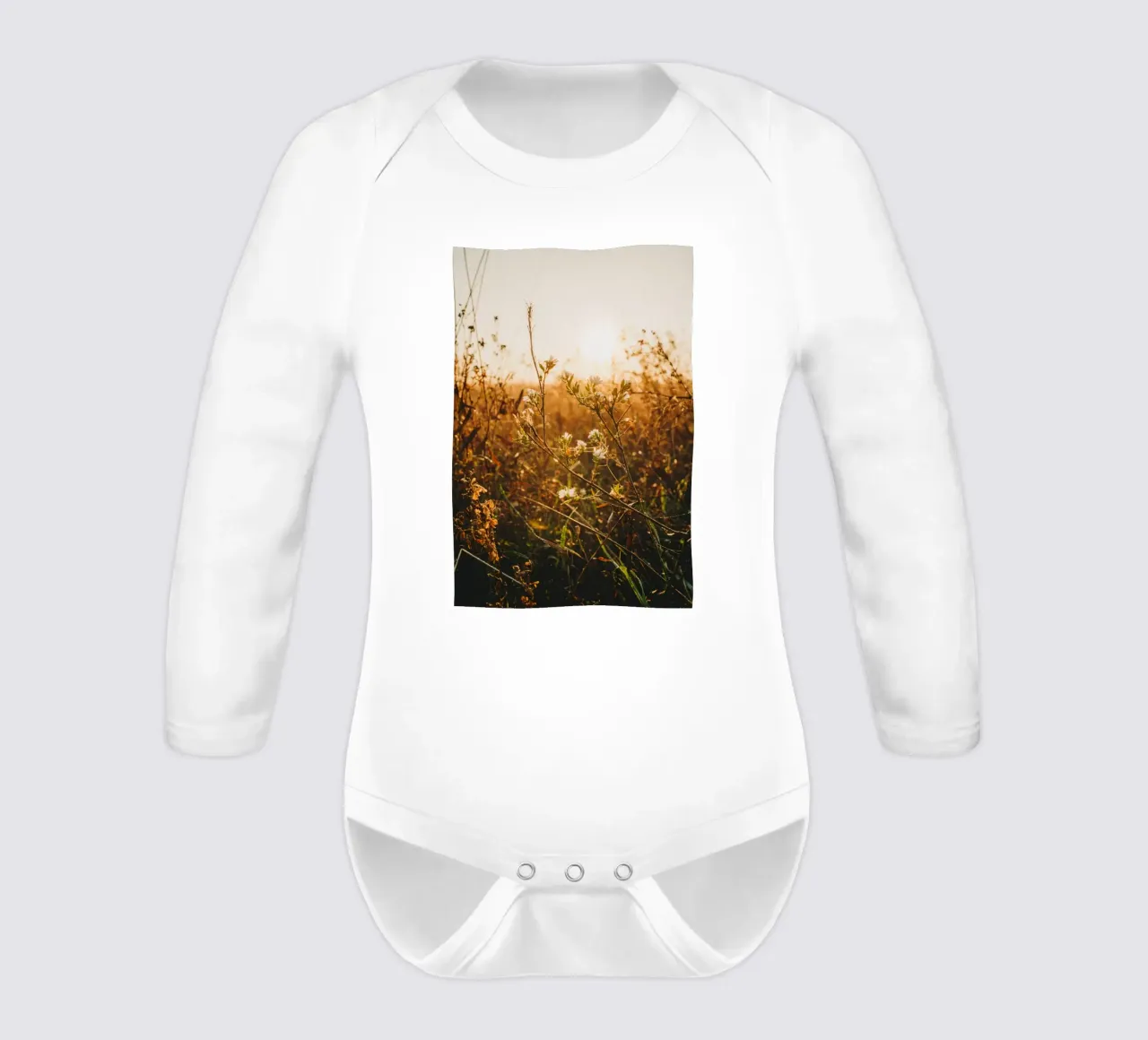 Morning mood - grasses & plants at sunrise long-sleeve baby romper by Bold and Retro