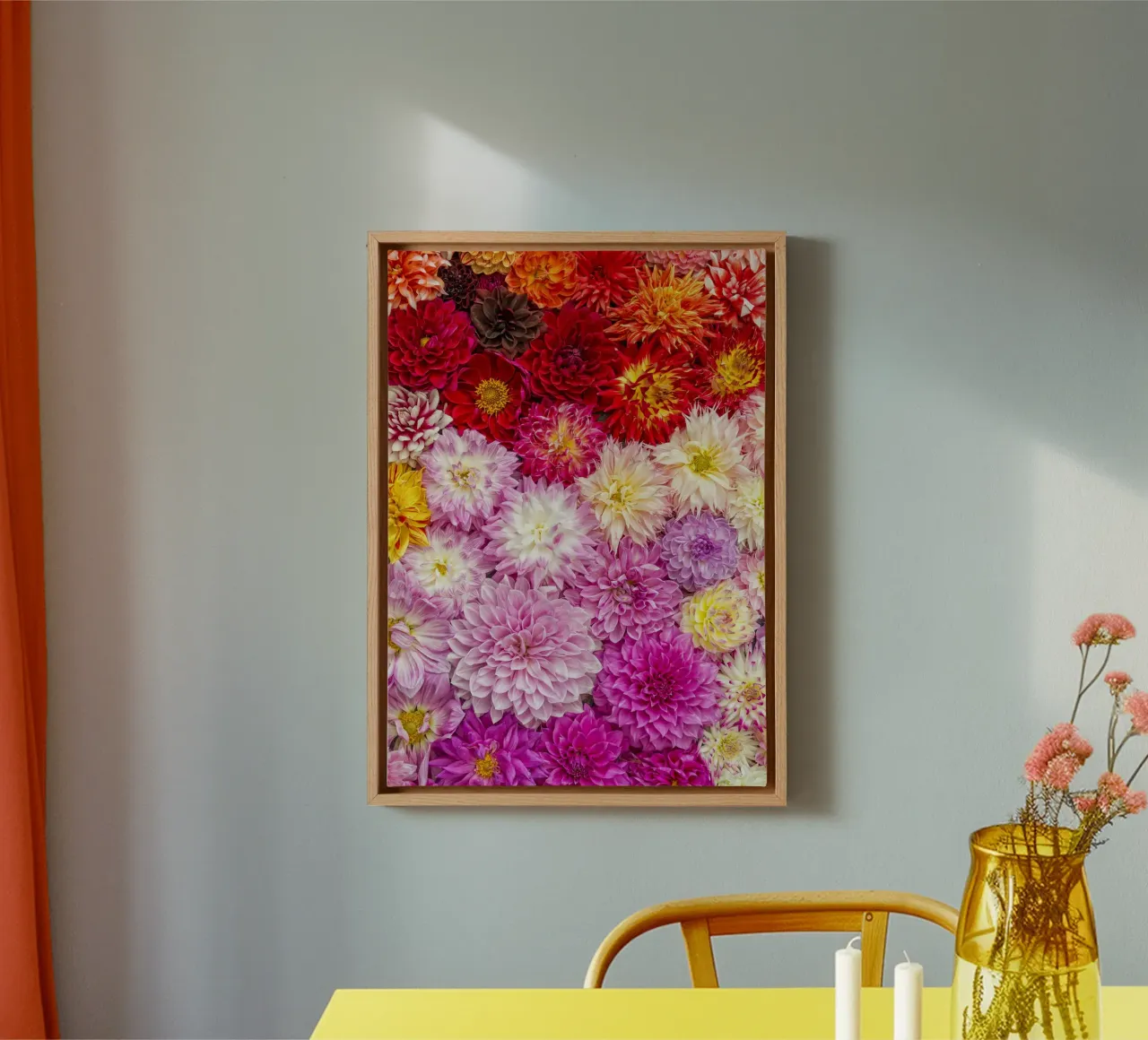 A Symphony of Elegance and Color - Beautiful Dahlias canvas with Floater frame by Curious Collections by Marielle Leenders