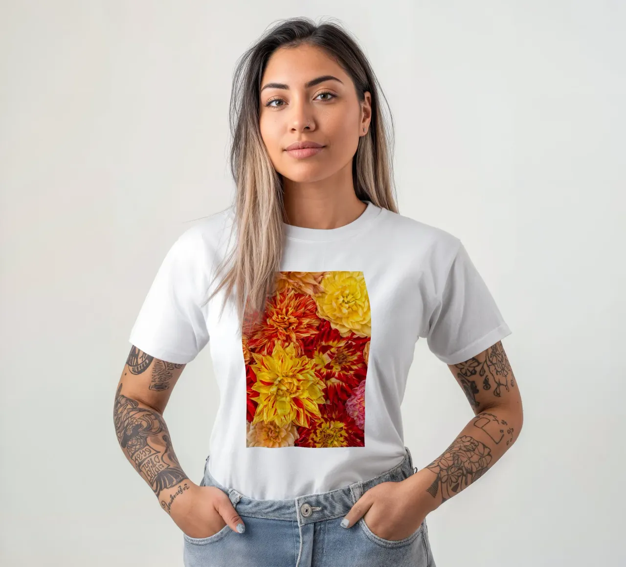 Un'esplosione di sole e calore - Dalie giallo/arancio t-shirt da Curious Collections by Marielle Leenders