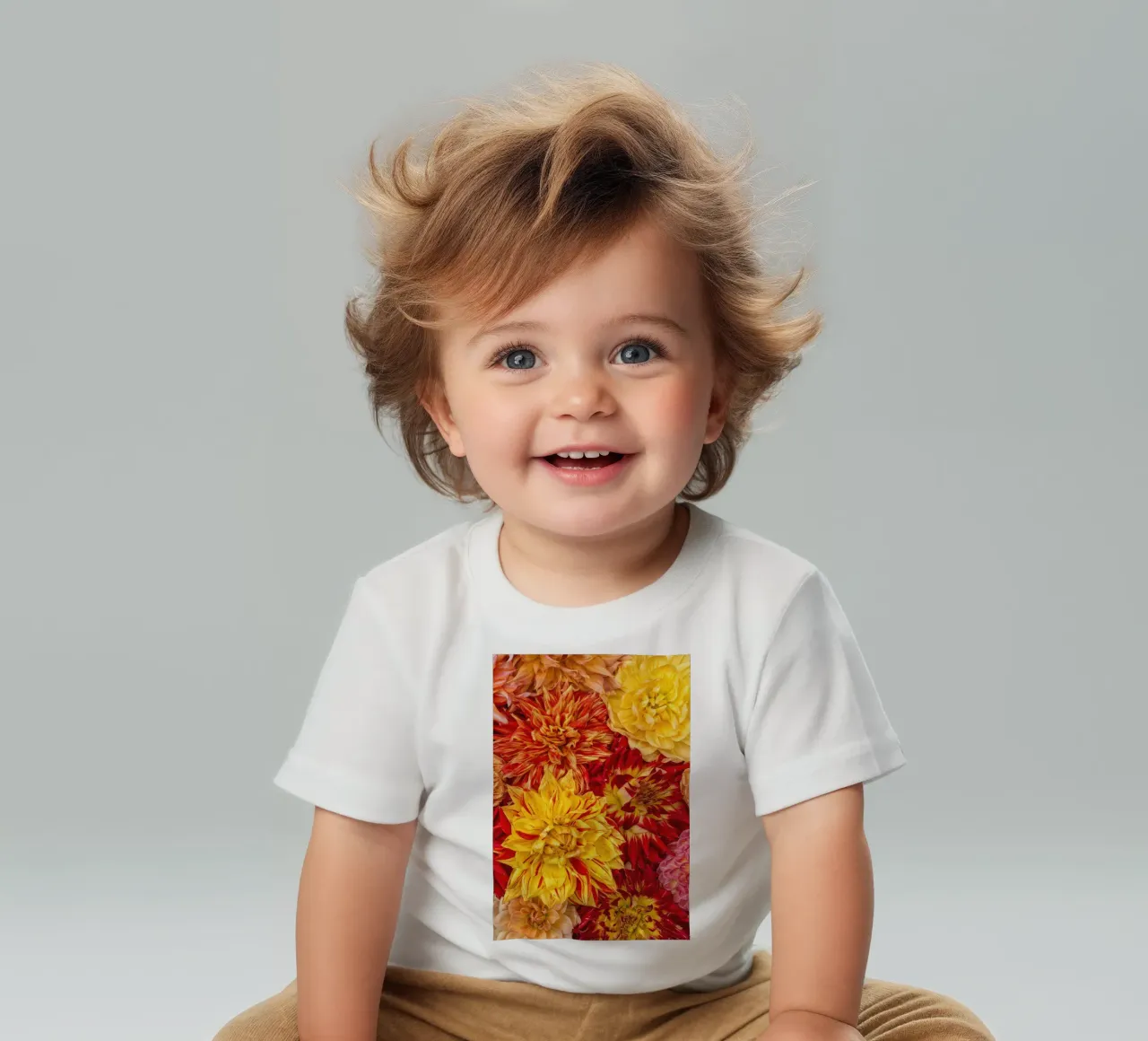 Un'esplosione di sole e calore - Dalie giallo/arancio maglietta neonato da Curious Collections by Marielle Leenders