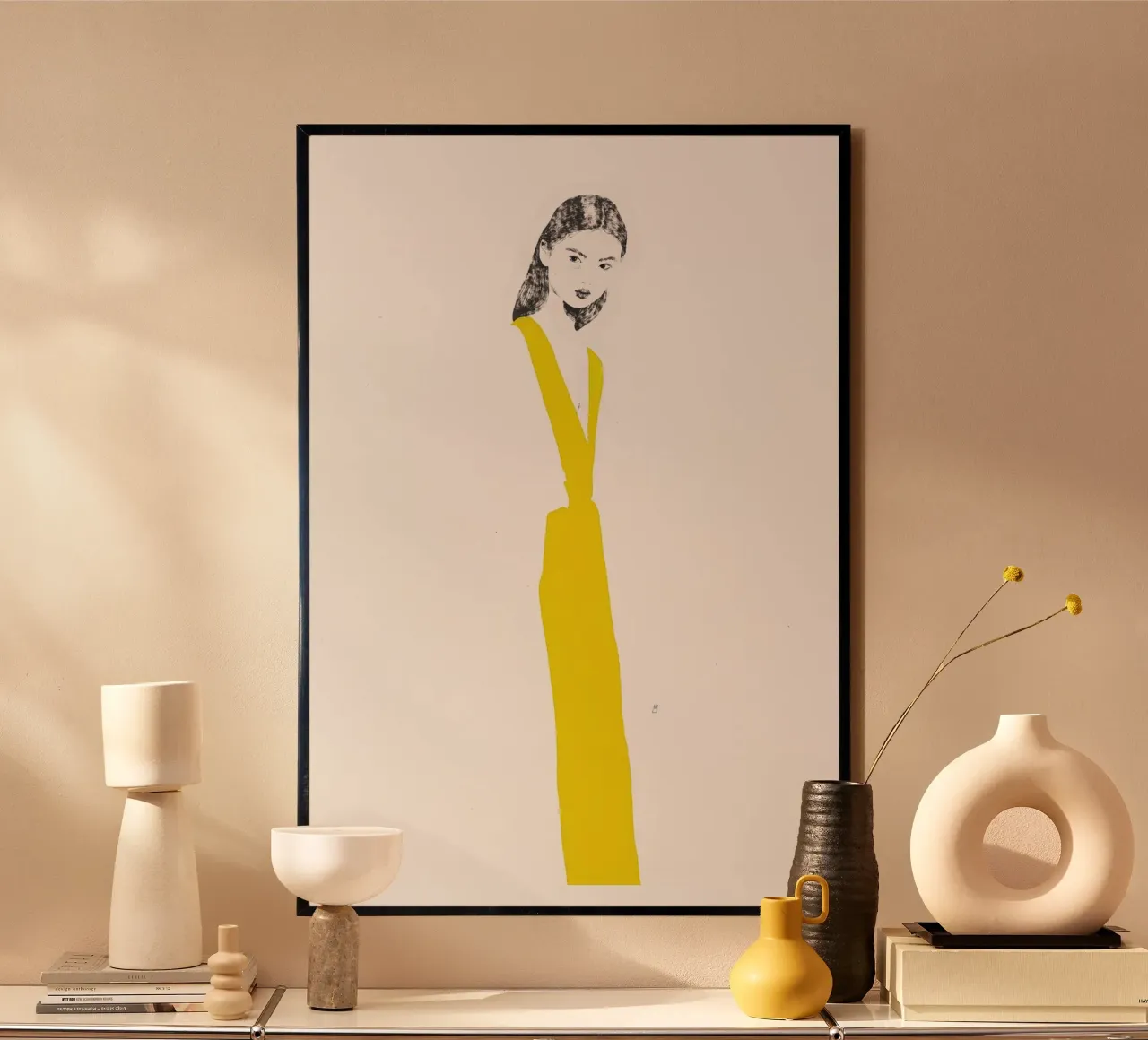 Untitled (Yellow Dress) poster with wooden frame by Manuel Rebollo