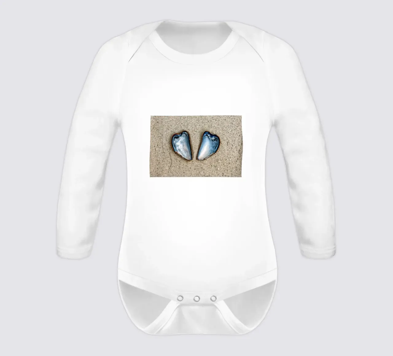 A Symbol of Love and Unity - Two Heart-Shaped Mussels long-sleeve baby romper by Curious Collections by Marielle Leenders