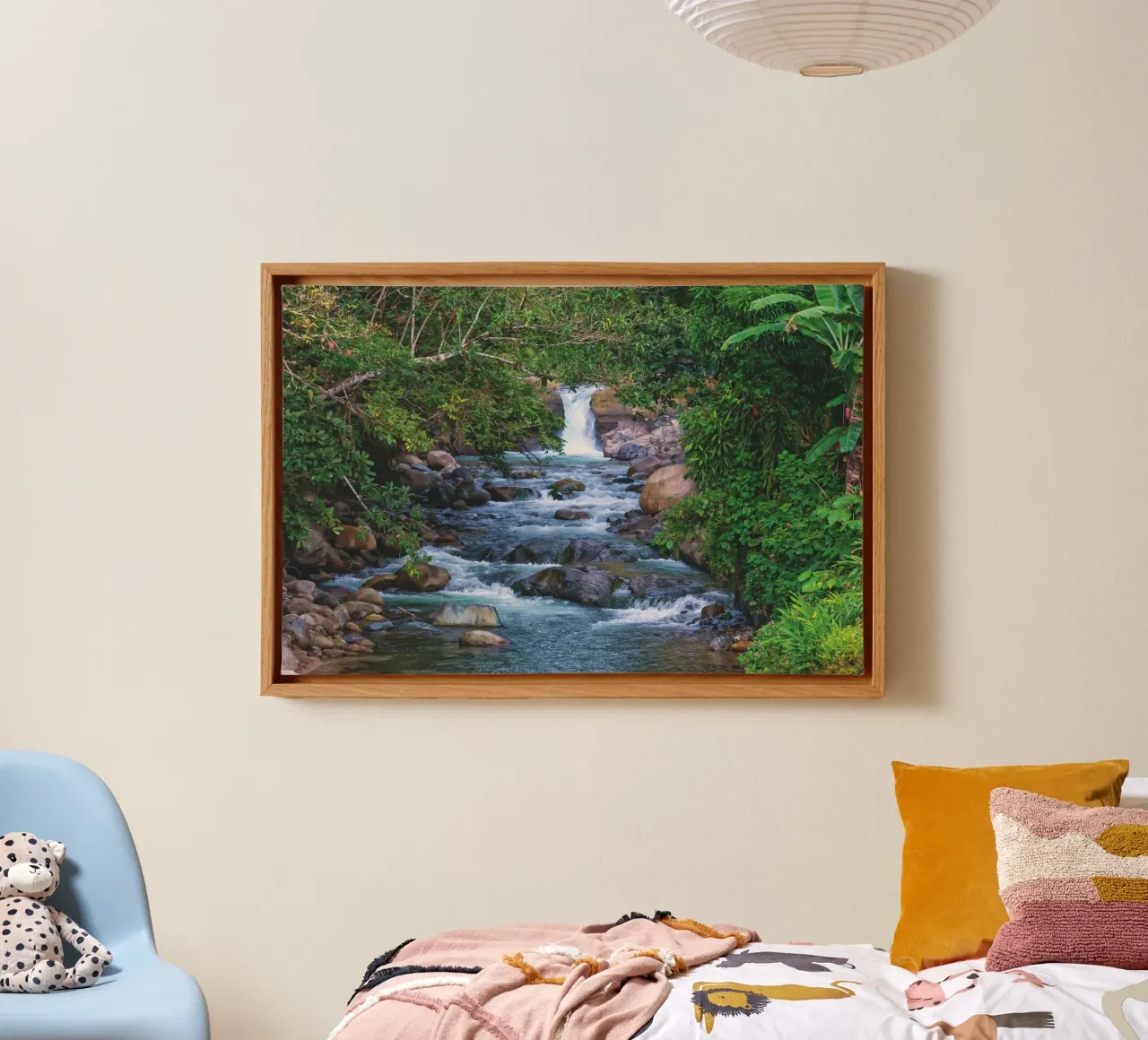 Nature's Hidden Gem - A Serene Waterfall in the Jungle canvas with Floater frame by Curious Collections by Marielle Leenders