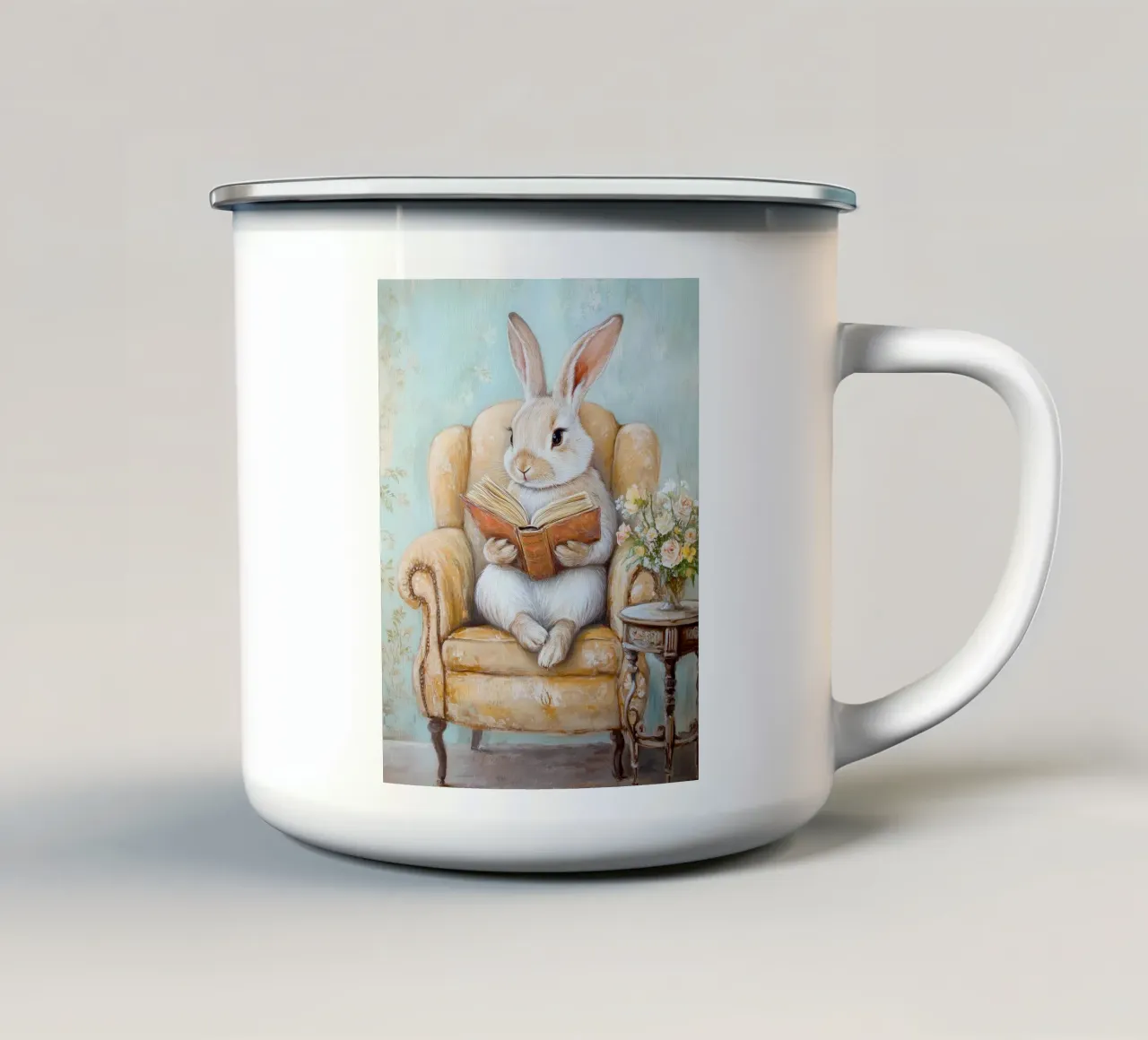 Coniglietto di lettura tazza in smalto da Melloi Art Print