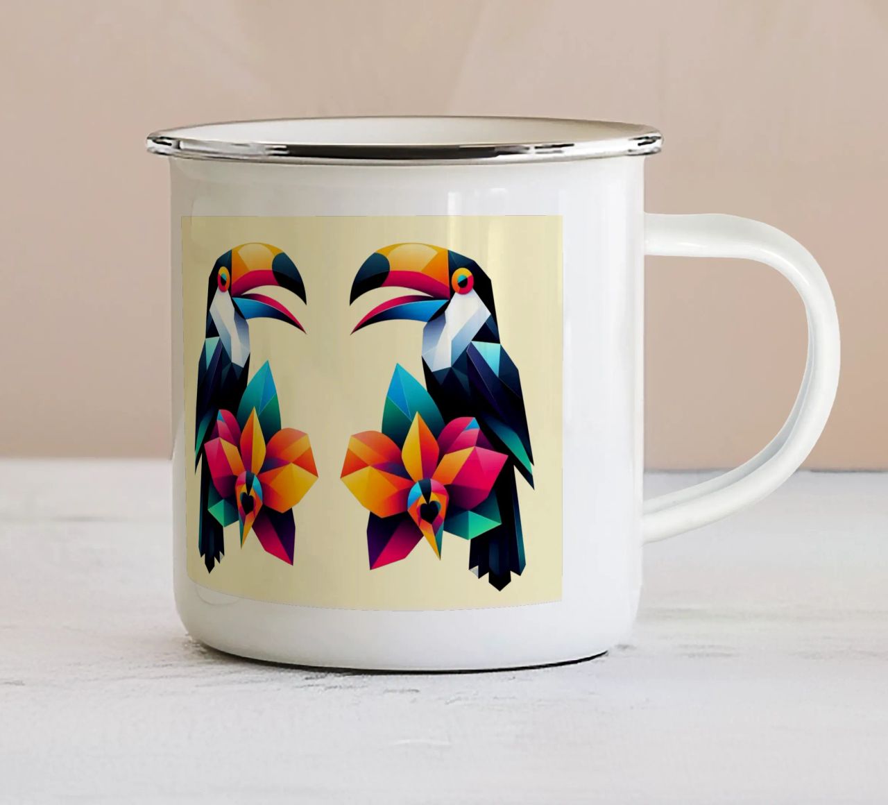 Tucano e orchidea tazza in smalto da Digital Naive
