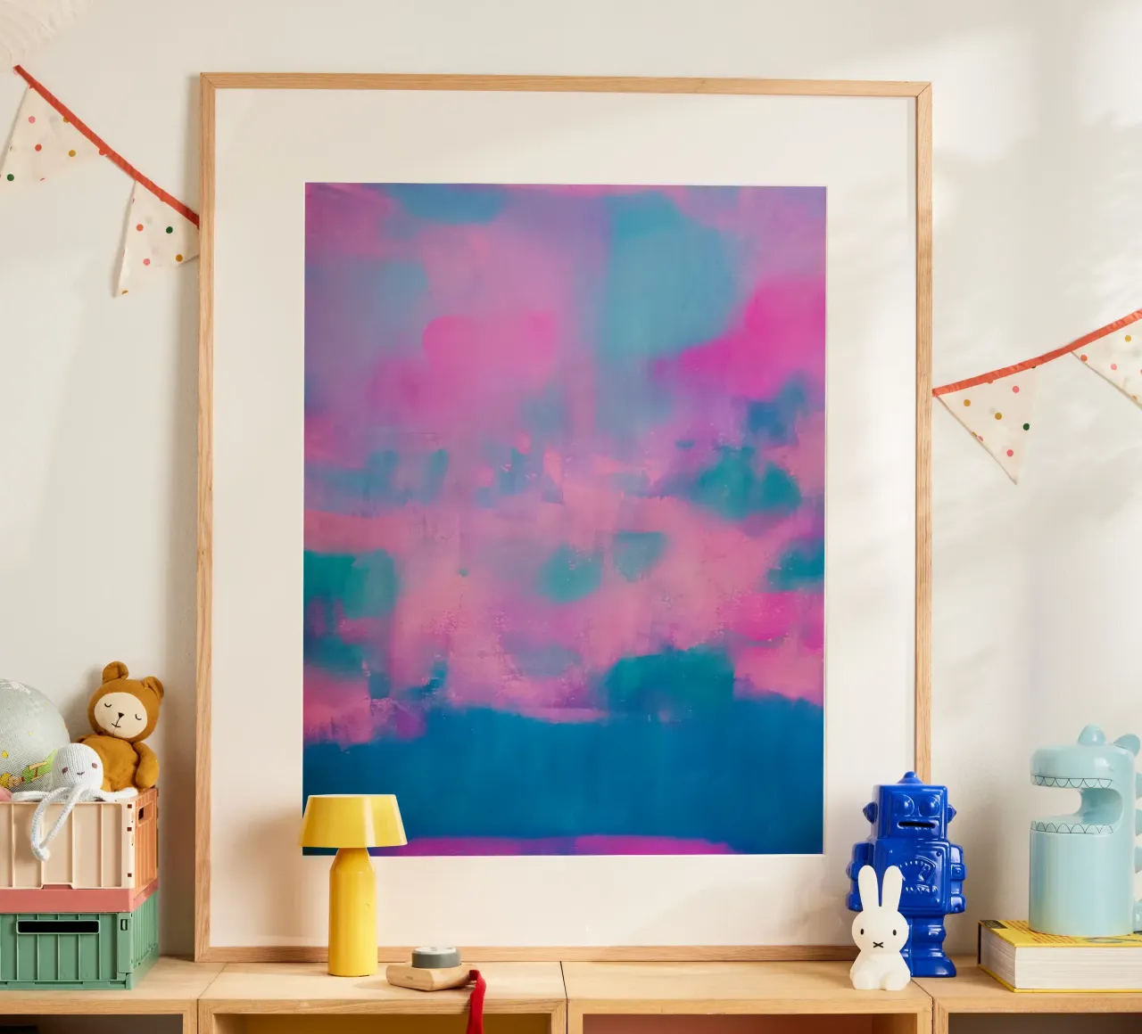 Kleurrijke abstracte print - Blauw & roze poster met aluminium frame van FABOArt