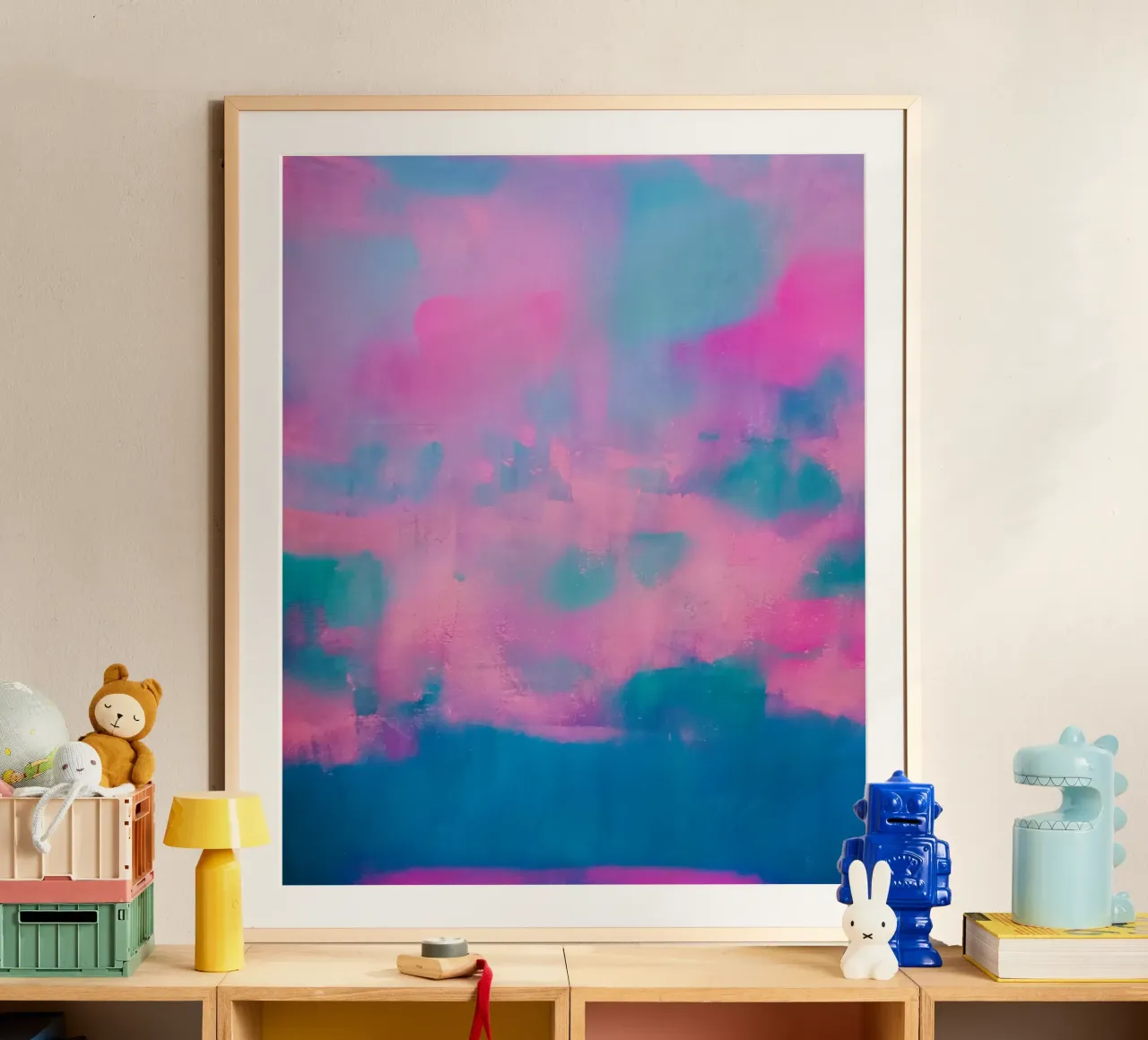 Kleurrijke abstracte print - Blauw & roze poster met aluminium frame van FABOArt