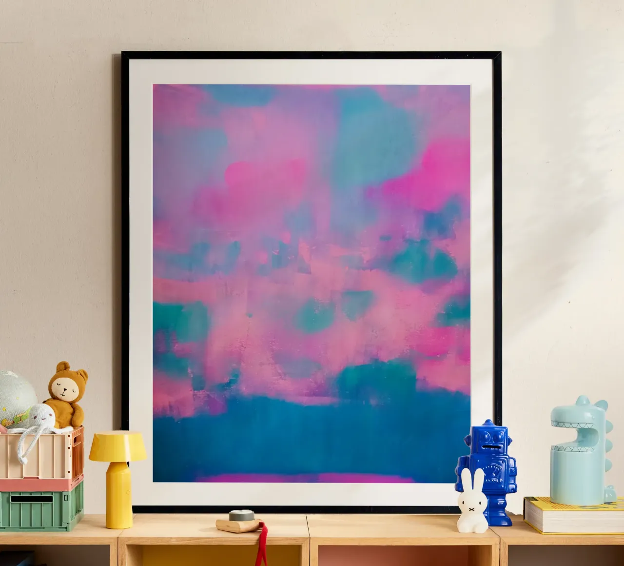 Kleurrijke abstracte print - Blauw & roze poster met aluminium frame van FABOArt
