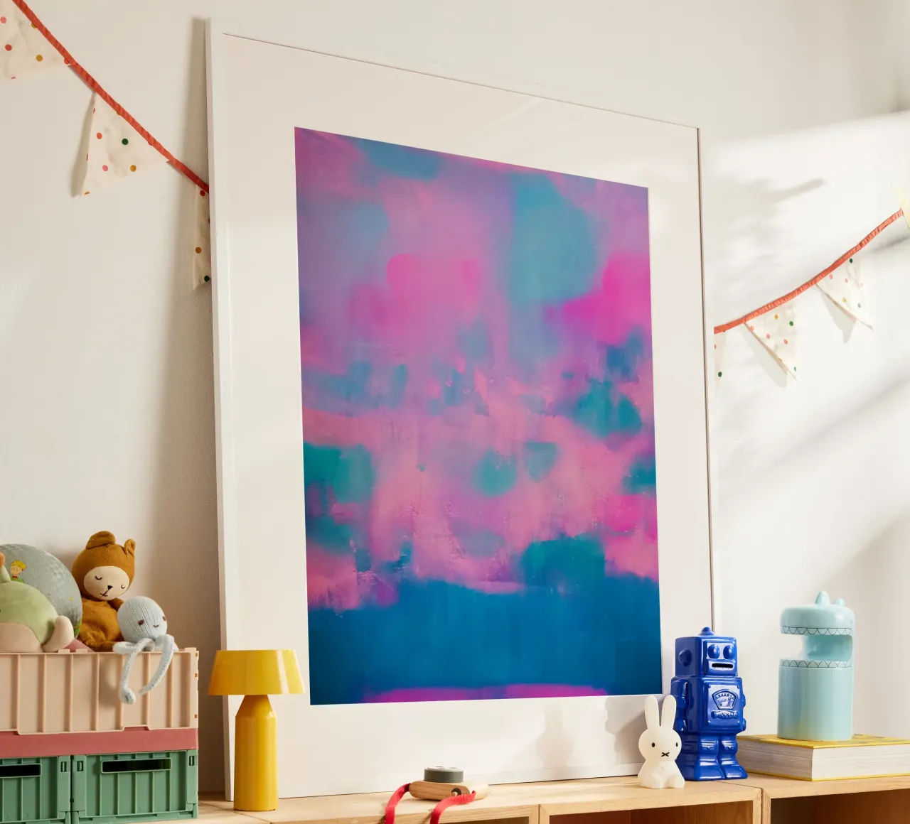Kleurrijke abstracte print - Blauw & roze poster met aluminium frame van FABOArt