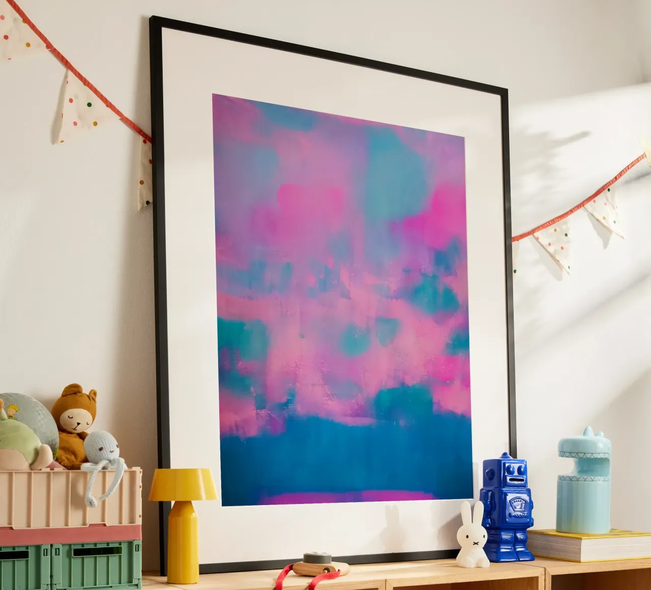 Kleurrijke abstracte print - Blauw & roze poster met aluminium frame van FABOArt