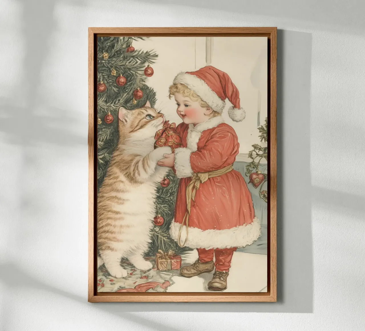 Child and Cat by the Holiday Tree canvas with Floater frame by Melloi Art Print