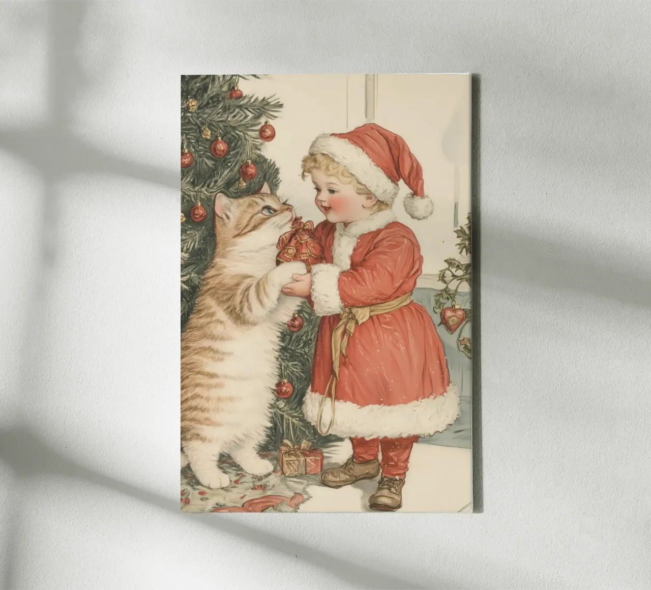 Child and Cat by the Holiday Tree canvas with Floater frame by Melloi Art Print