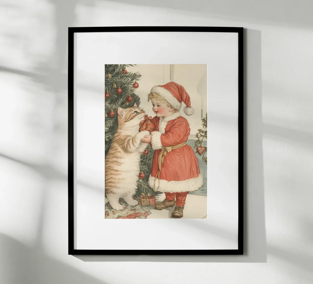 Bambino e gatto vicino all'albero delle vacanze poster con telaio in alluminio da Melloi Art Print
