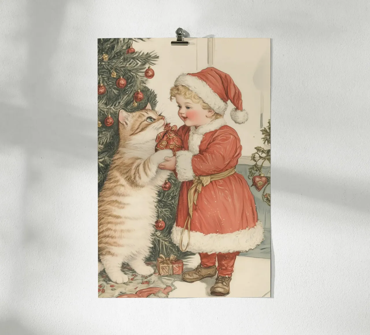 Bambino e gatto vicino all'albero delle vacanze poster con telaio in alluminio da Melloi Art Print