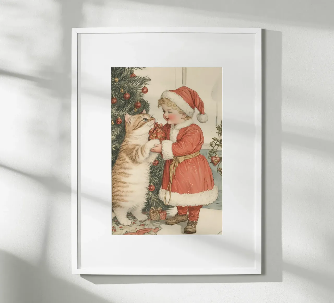 Bambino e gatto vicino all'albero delle vacanze poster con telaio in alluminio da Melloi Art Print