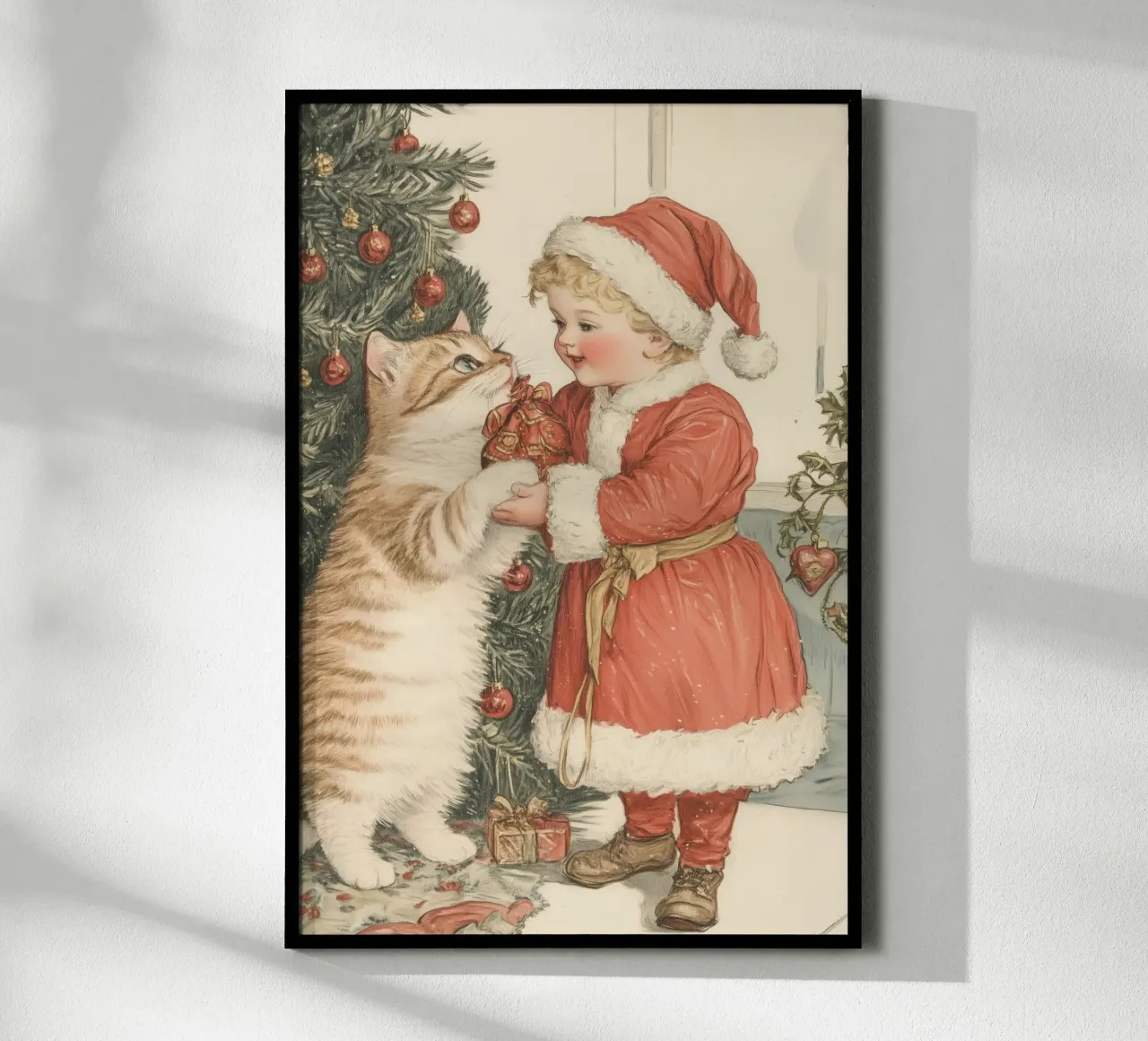 Bambino e gatto vicino all'albero delle vacanze poster con telaio in alluminio da Melloi Art Print