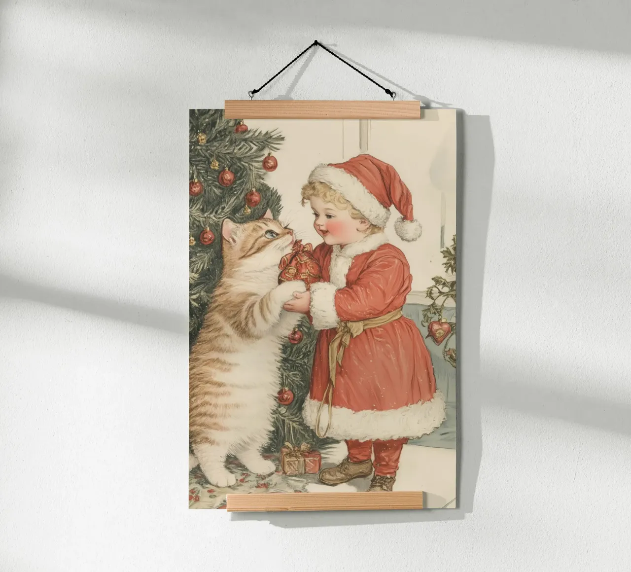 Bambino e gatto vicino all'albero delle vacanze poster con telaio in alluminio da Melloi Art Print
