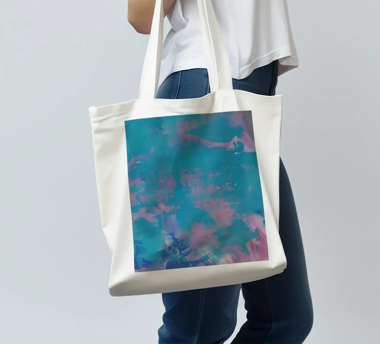 Stampa astratta colorata - Verde acqua e rosa borsa in juta da FABOArt