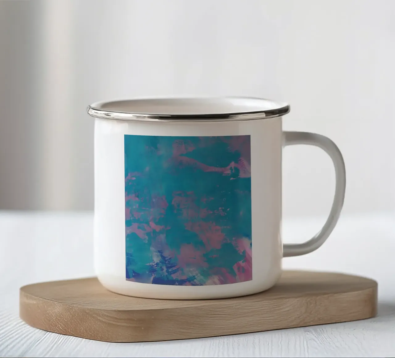 Kleurrijke abstracte print - groenblauw & roze emaille mok van FABOArt