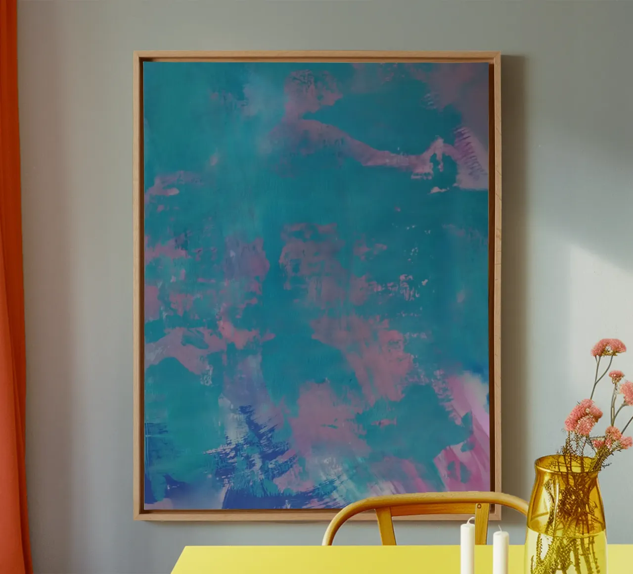 Kleurrijke abstracte print - groenblauw & roze canvas van FABOArt