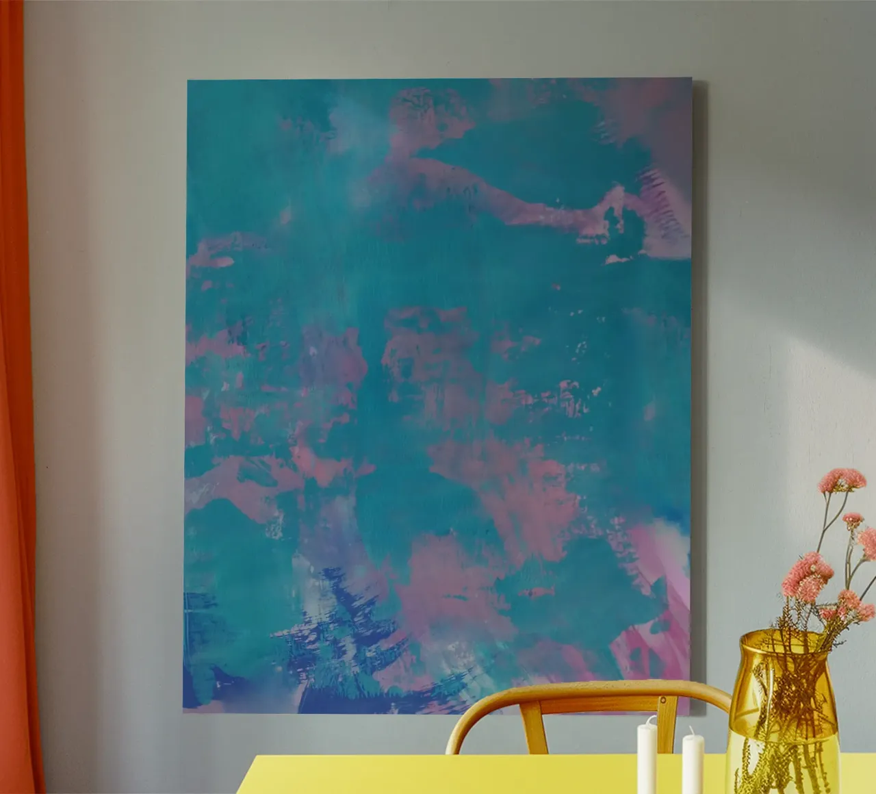 Kleurrijke abstracte print - groenblauw & roze canvas van FABOArt
