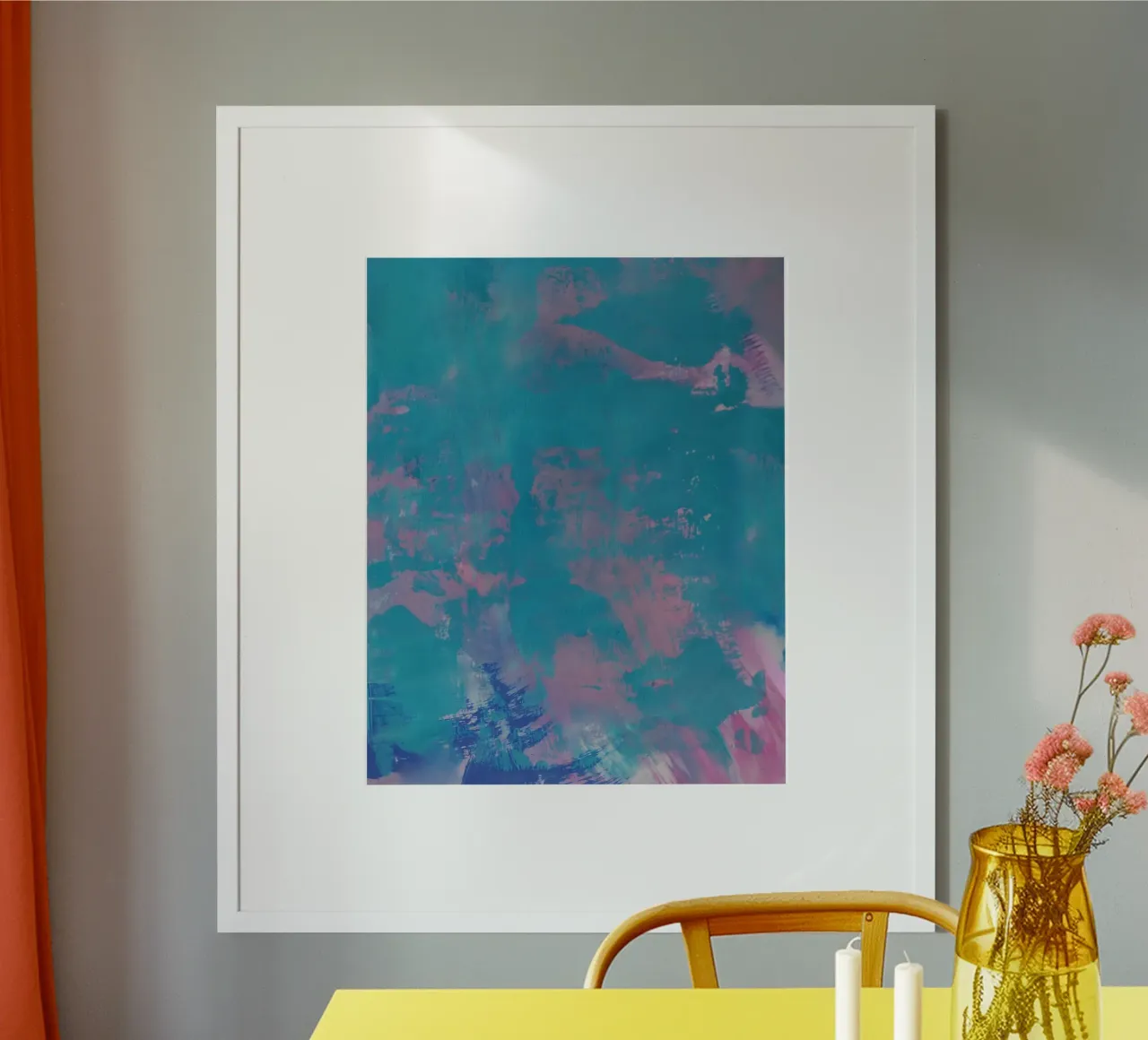 Kleurrijke abstracte print - groenblauw & roze poster met aluminium frame van FABOArt