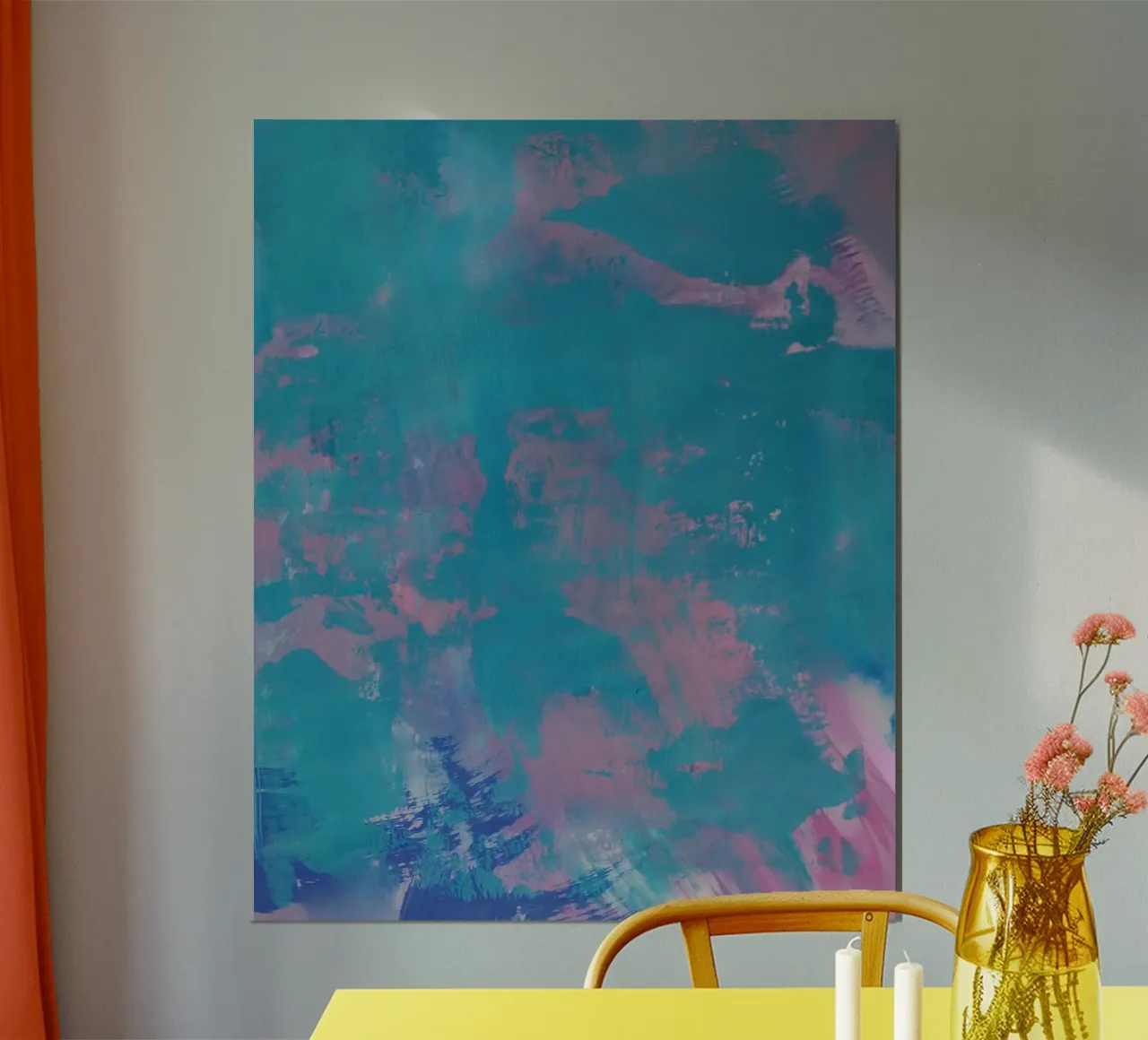 Kleurrijke abstracte print - groenblauw & roze poster met aluminium frame van FABOArt