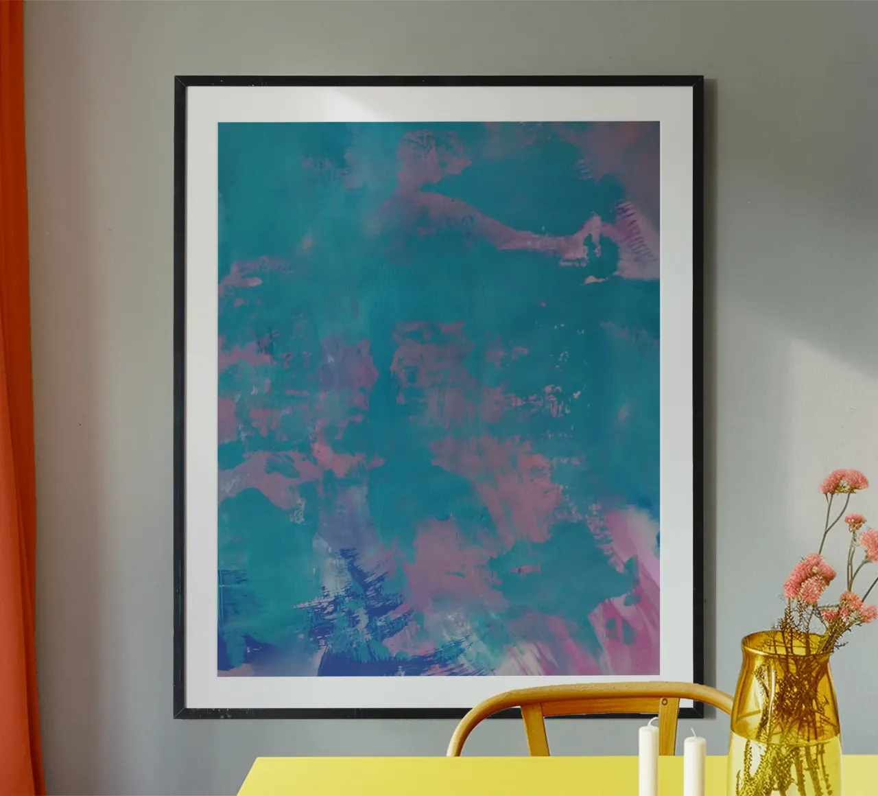 Kleurrijke abstracte print - groenblauw & roze poster met aluminium frame van FABOArt