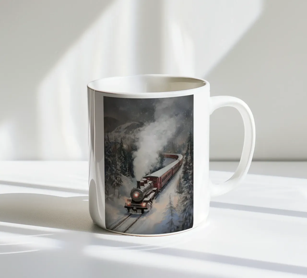 Treno a vapore invernale tazza in ceramica da Melloi Art Print