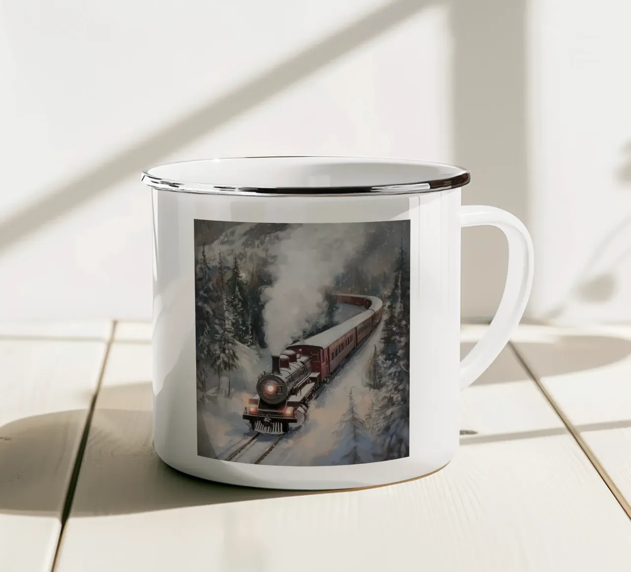 Treno a vapore invernale tazza in smalto da Melloi Art Print