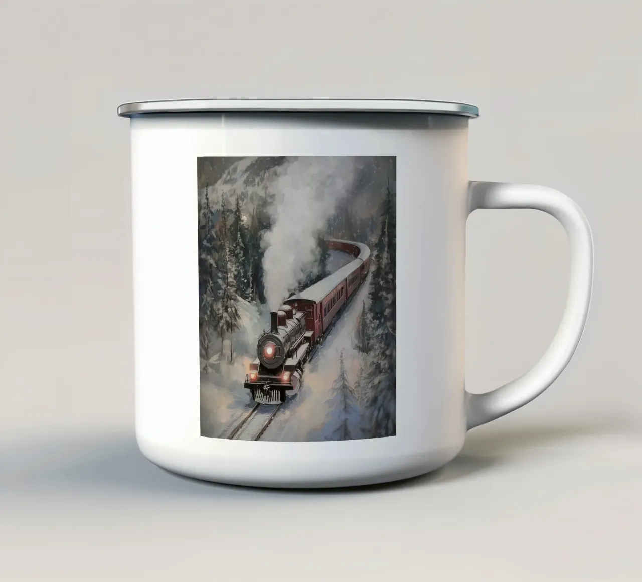 Treno a vapore invernale tazza in smalto da Melloi Art Print