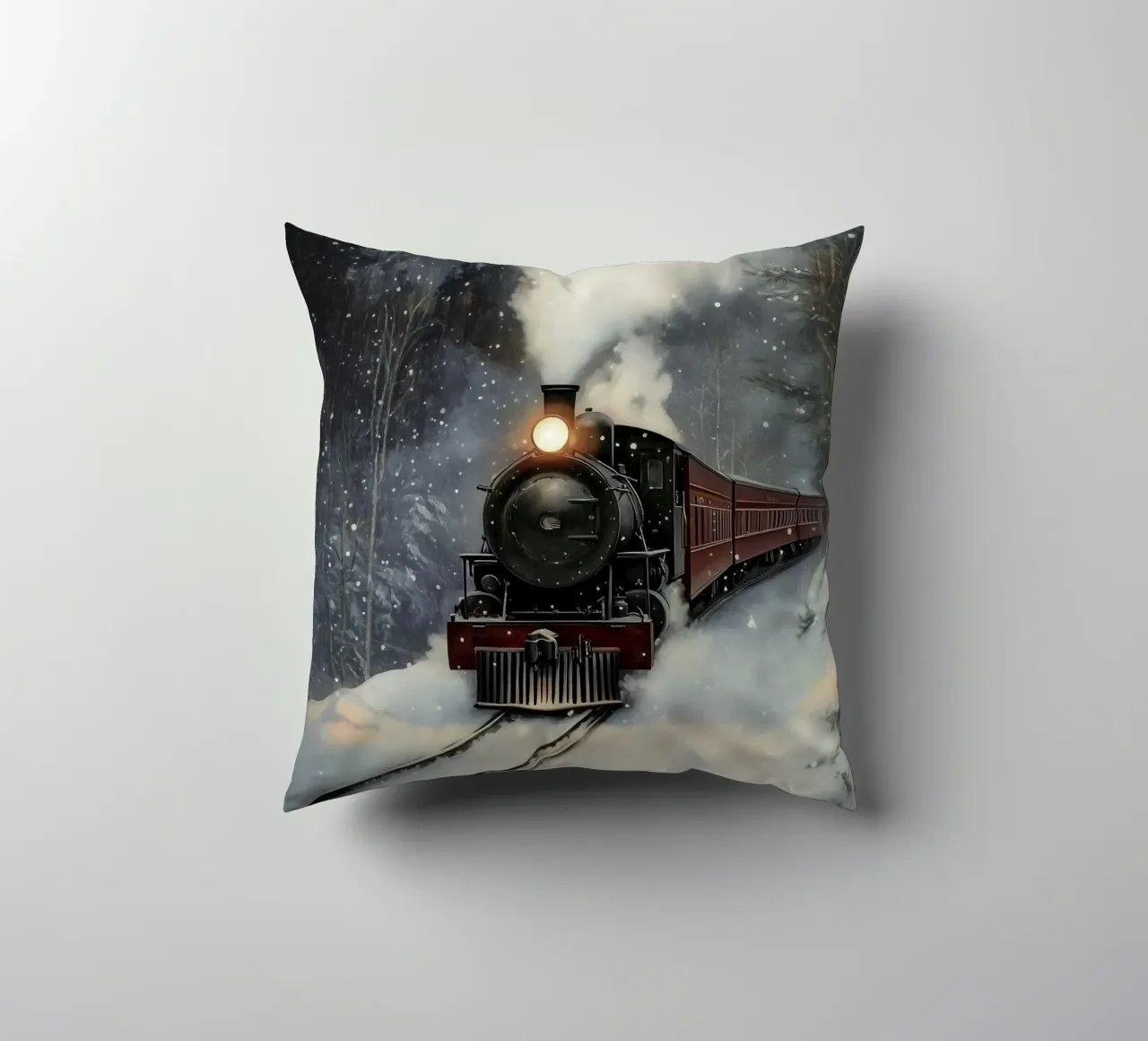 Treno a vapore per la nevicata cuscino da Melloi Art Print