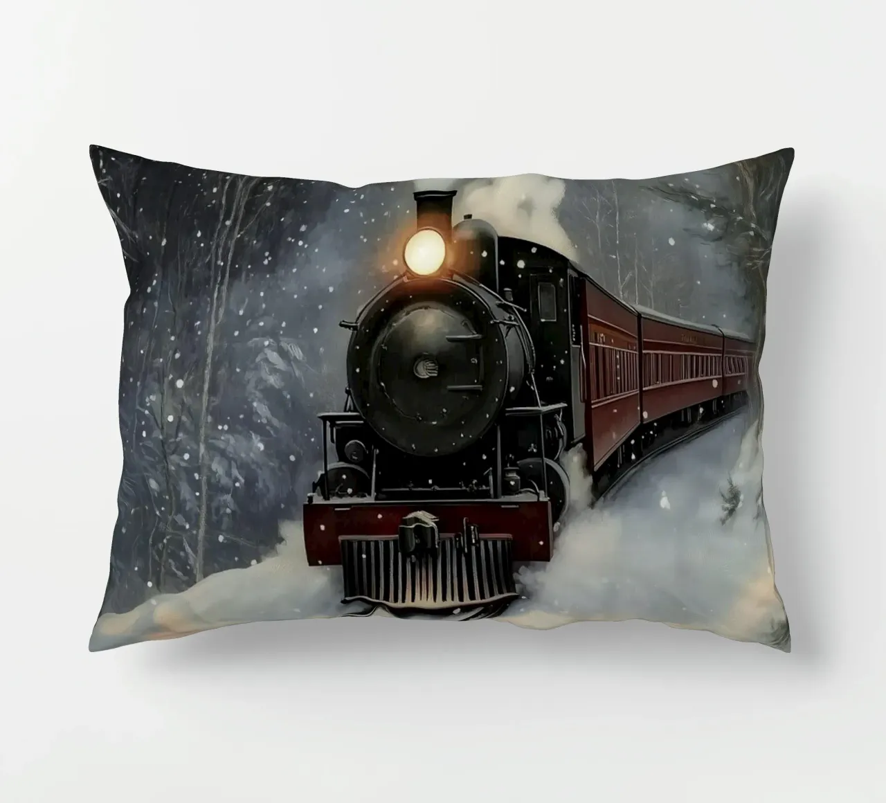 Treno a vapore per la nevicata cuscino da Melloi Art Print